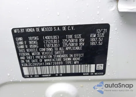 2022 Honda Hr-V 2Wd Sport z USA, uszkodzony, nr VIN 3CZRU5H13NM726889